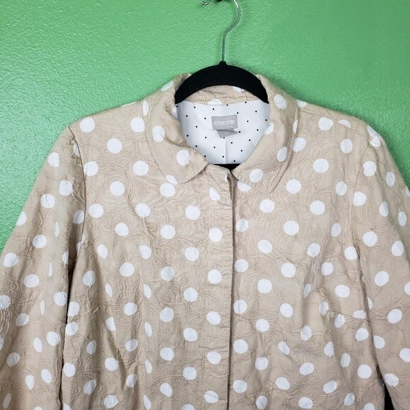 Chico's Womens Biege White Poka Dot Button Up Shacket Size 2/ Size 12/14 - Picture 5 of 13
